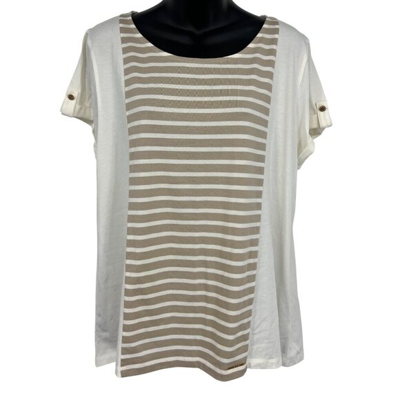 Anne Klein Women Blouse Top XL Stripe White Tan Khaki Short Sleeve Scoop New - Picture 1 of 9